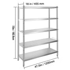 VEVOR Stainless Steel Shelves 47.5x18 Inch 5 Tier Adjustable Shelf Storage Unit Stainless Steel Rack Shelving Heavy Duty Shelving for Kitchen Commercial Office Garage Storage 330lb Per Shelf
