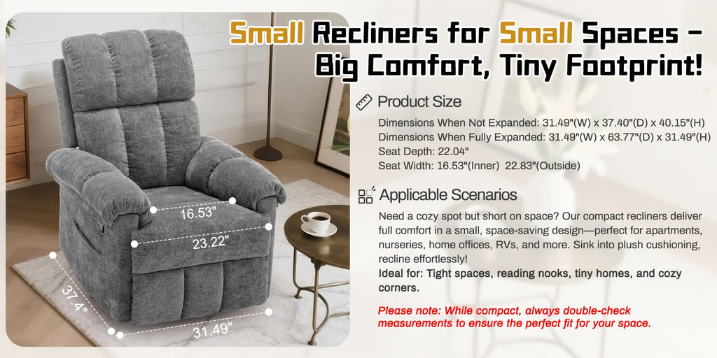 Living Room Single Chair, 360° Swivel Rocking Chair, Manual Rocking Chair for Small Spaces, Rocking Chair with Side Pockets And Armrest Storage, Deep Seat Cushion And Plush Backrest, Chenille Fabric, a Recliner Suitable for The Living Room