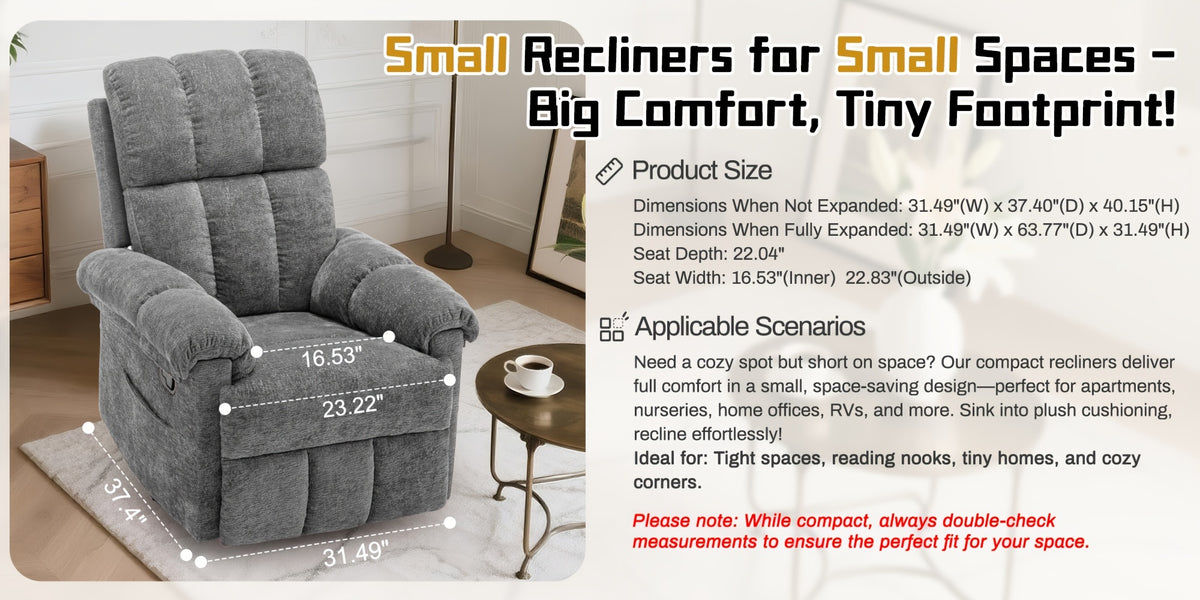 Living Room Single Chair, 360° Swivel Rocking Chair, Manual Rocking Chair for Small Spaces, Rocking Chair with Side Pockets And Armrest Storage, Deep Seat Cushion And Plush Backrest, Chenille Fabric, a Recliner Suitable for The Living Room