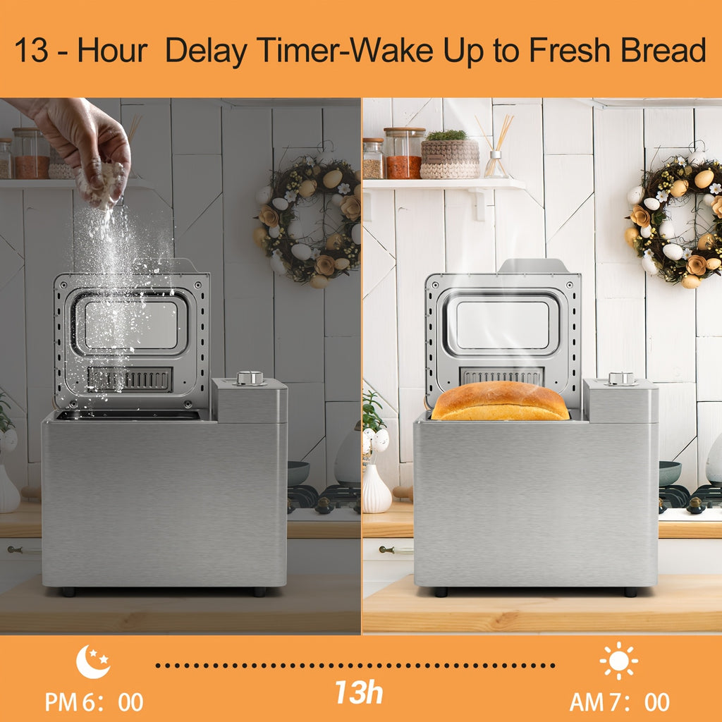 25-in-1 Bread Maker, 2LB Bread Machine With Auto Fruit/Nut Dispenser, Gluten-Free Setting, 3 Loaf Sizes& 3 Crust Colors, Keep Warm&13H Delay Timer, Digital Display, Stainless Steel