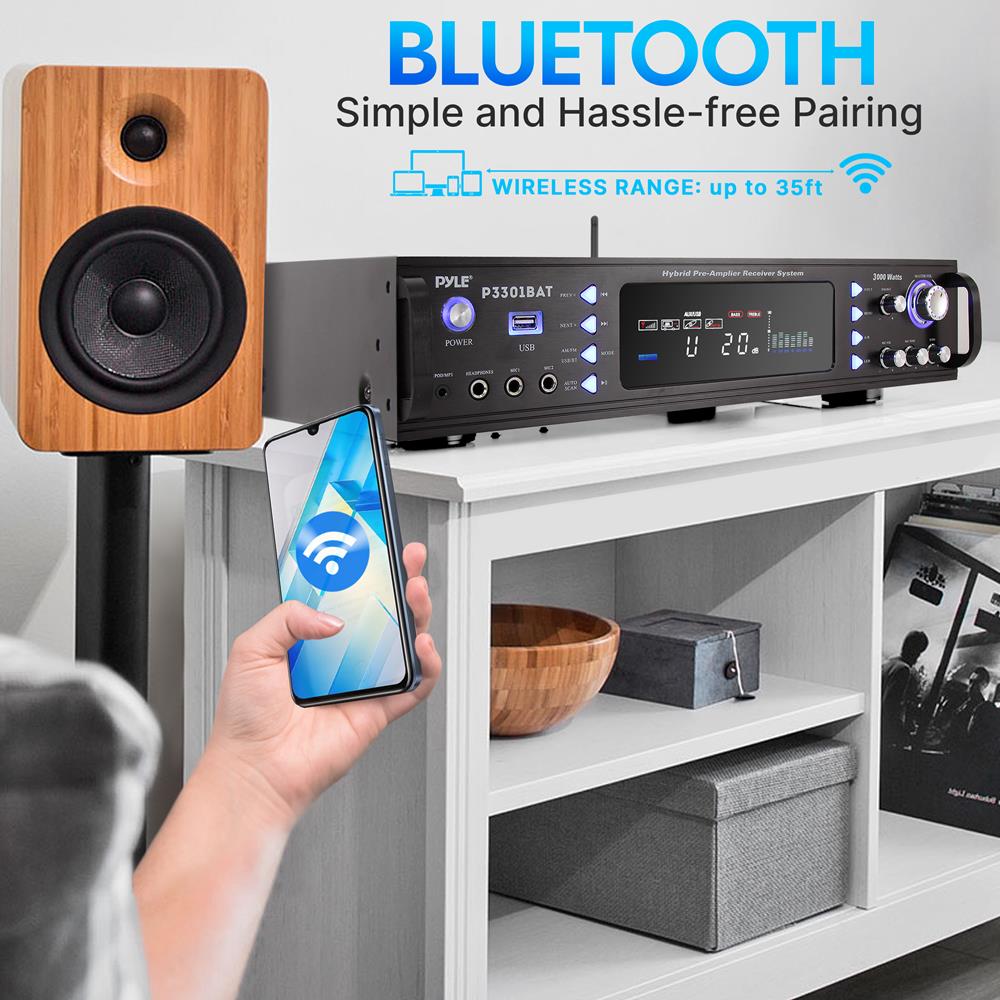Stereo Amplifier Receiver with 3000W Peak Output, Bluetooth 5.0 and Dual Mic Inputs for Home Karaoke and Events