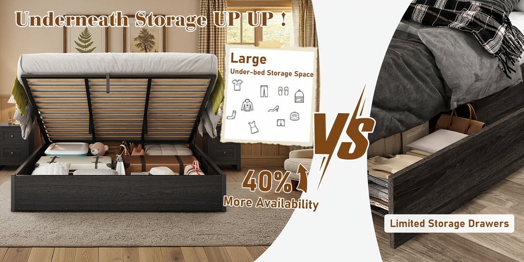 Lift Up Storage Bed with Storage Underneath, Wooden Platform Bed Frame, Solid Wood Slats Support, No Fixed Headboard, No Box Spring Needed