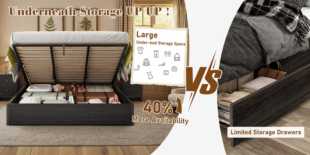 Lift Up Storage Bed with Storage Underneath, Wooden Platform Bed Frame, Solid Wood Slats Support, No Fixed Headboard, No Box Spring Needed