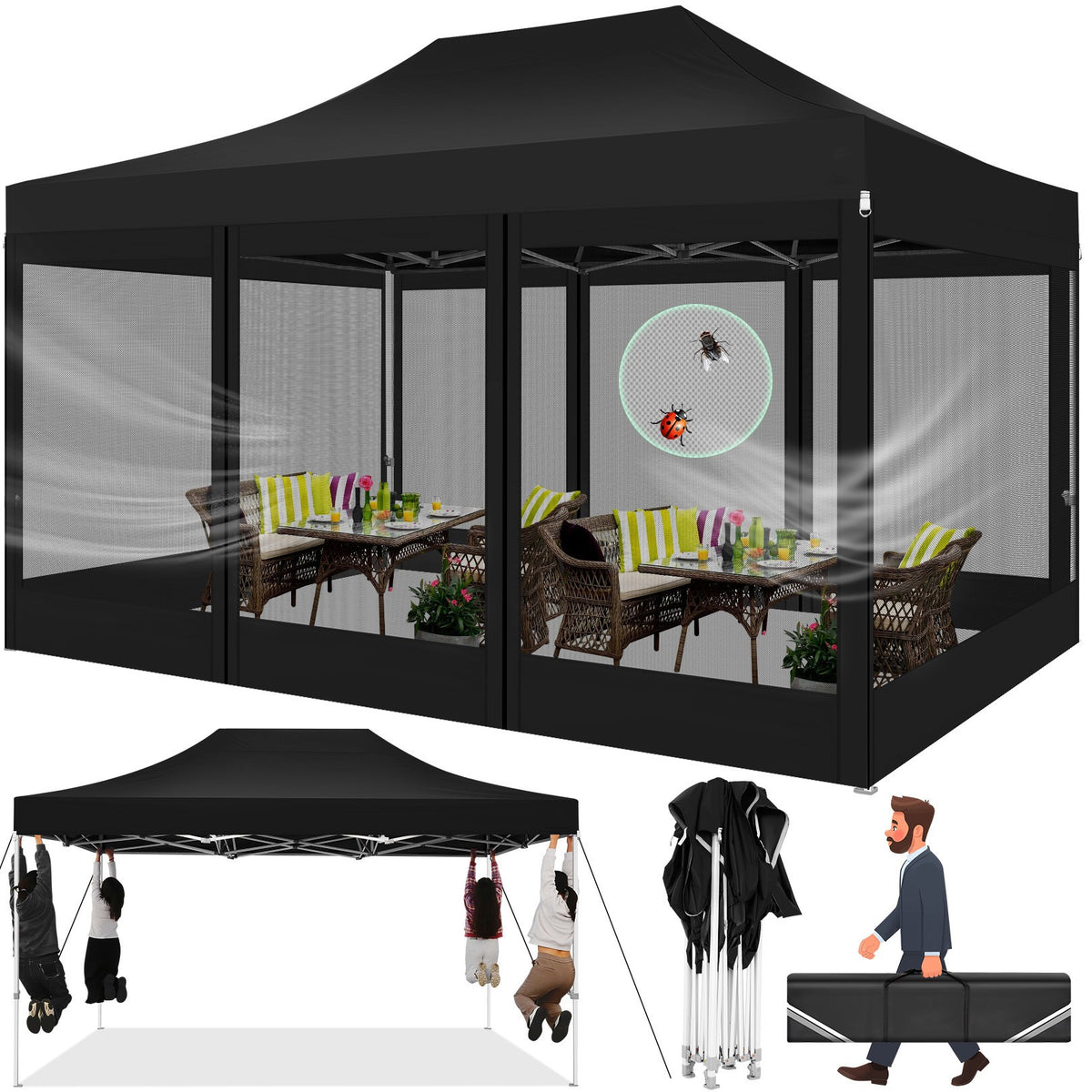 Hoteel 10x15 Heavy Duty Pop Up Canopy Tent with 4 Sidewalls, Commercial Gazebo Party Tent with Mosquito Netting Wall Easy Up Outdoor Instant Screen Tent for Backyard, Beach, Patio, Garden