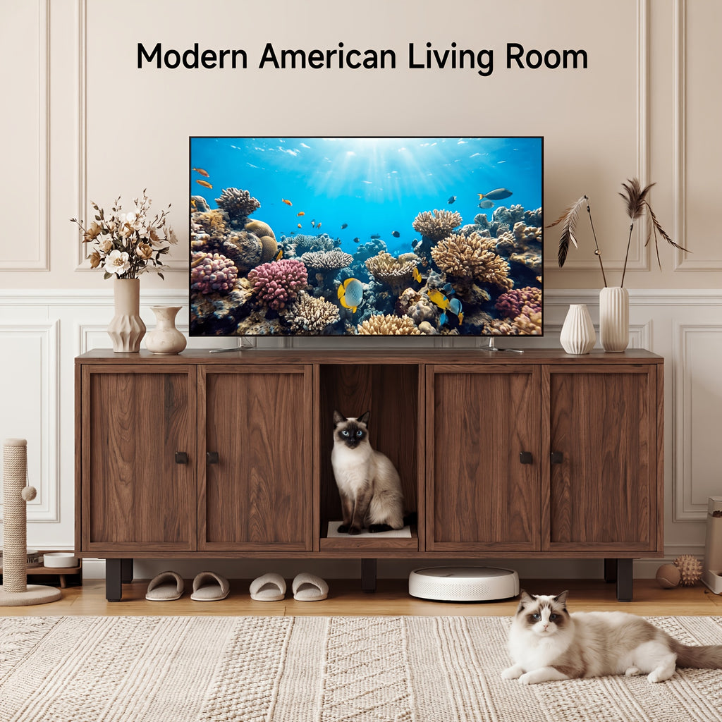 [Cat Litter Box Enclosure] 59 Inches Cat Litter Box Enclosure for 2 Cats, Hidden Litter Boxes Furniture with Cat Scratch Pad, Large Indoor Cat House with Double Room, Wooden TV Stand Side Table, Black