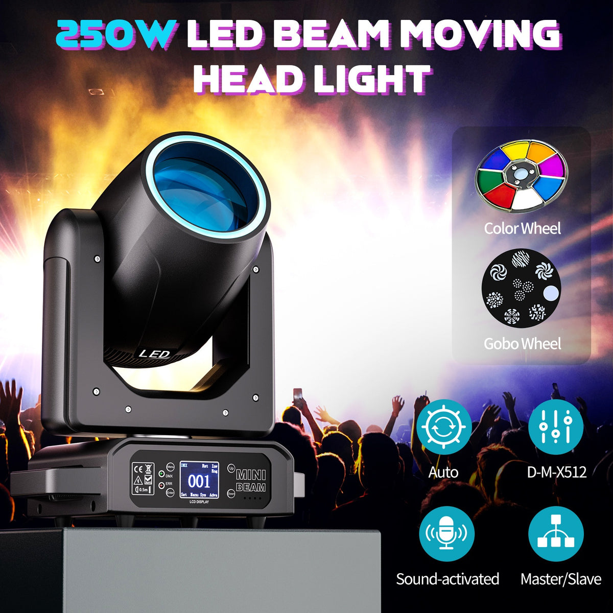 250W High-Power LED Moving Head Beam Light Featuring a 7+1 Color Wheel, 11+1 Gobo Wheel, And Rainbow Effect. Controlled Via DMX512, Auto, Master/Slave, Or Sound-Activated Modes. Ideal for Bars, Clubs, KTV, Birthday Parties, And More