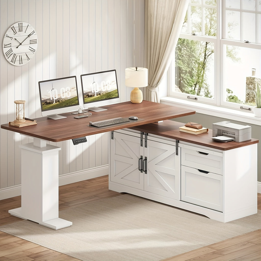 Farmhouse L-Shaped Standing Desk, 55" Computer Desk with 2 Storage Drawers, Height Adjustable Office Desk for Home Office