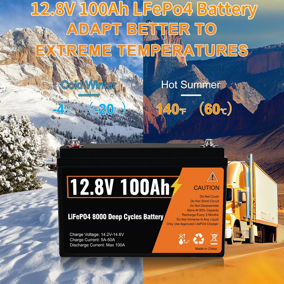 12.8V 100Ah LiFePO4 Lithium Deep Cycle Battery, Built-in 100A BMS,Grade A Battery Cell, 10-Year Lifespan, for wheelchairs, emergency lighting, RV/outdoor camping, marine, golf carts, trolling motor, home energy storage, computer power backup, off-grid app