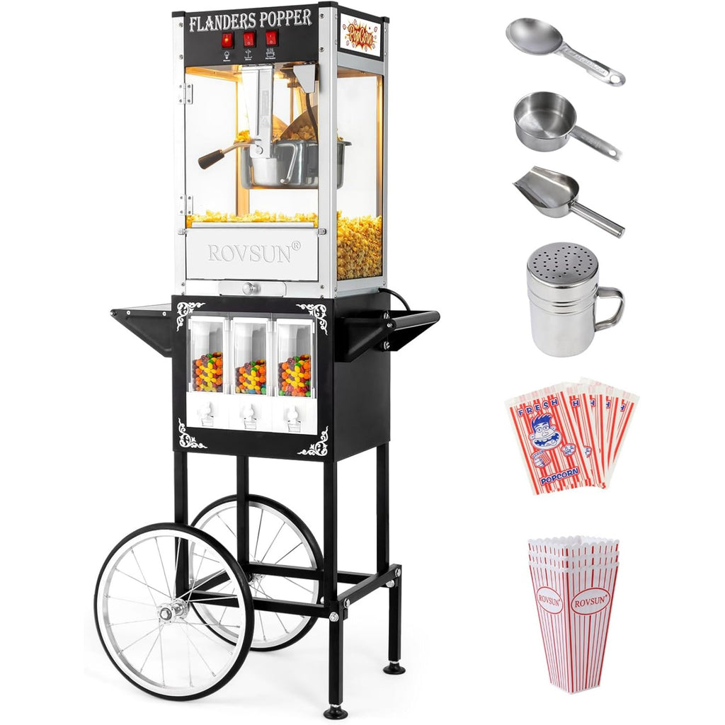 MEFEIR Popcorn Machine w/Cart, Wheels & 8 Oz Kettle Makes Up to 32 Cups ETL Certified, Popcorn Maker w/Candy Dispensers Stainless Steel Scoop, Oil Spoon & 3 Popcorn Cups for Commercial Home Theater