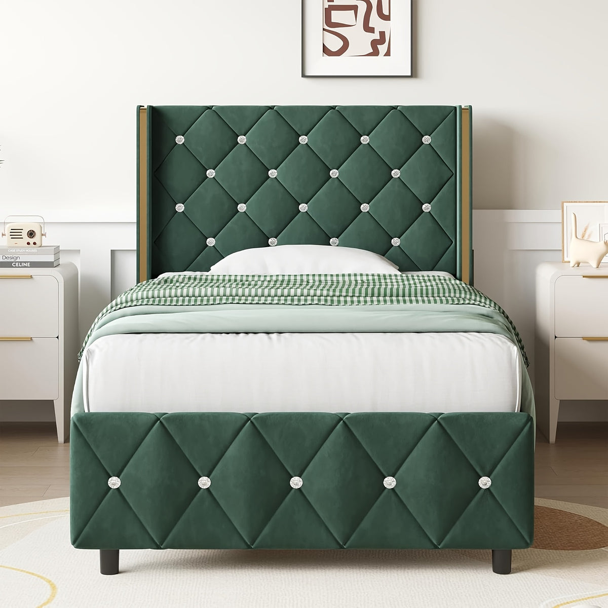 Twin Full Queen King Size Bed Frame, Upholstered Bed Frame with Diamond Tufted Headboard, Modern Silvery Side Wing Back, No Box Spring Needed, Easy Assembly, Purple, Black, Blue, Green, Pink, White
