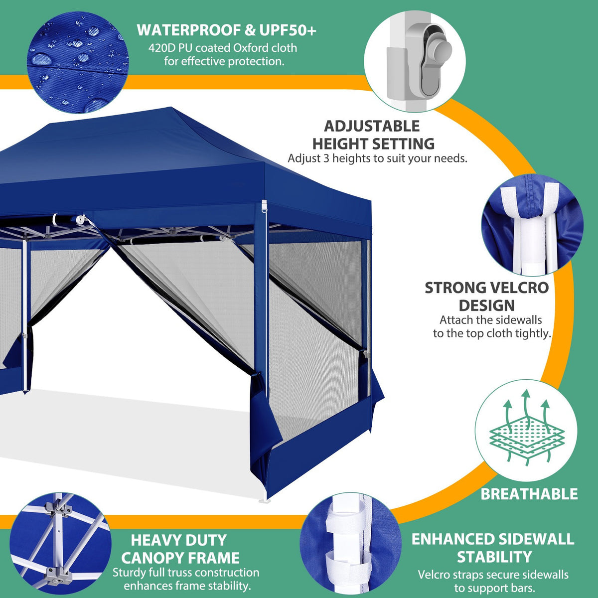 Hoteel 10x15 Heavy Duty Pop Up Canopy Tent with 4 Sidewalls, Commercial Gazebo Party Tent with Mosquito Netting Wall Easy Up Outdoor Instant Screen Tent for Backyard, Beach, Patio, Garden