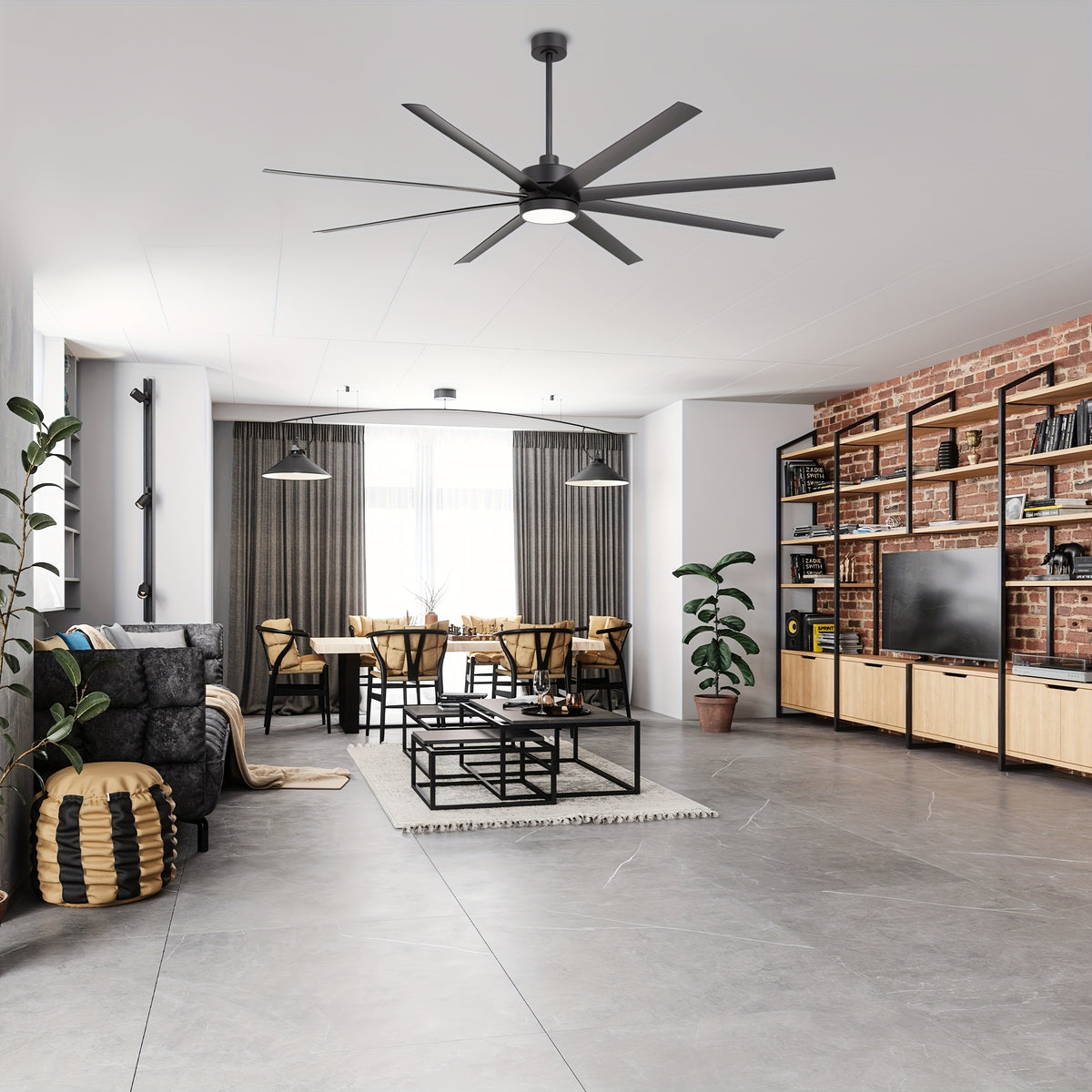 [Indoor/Outdoor Ceiling Fan] 84" Industrial Large Ceiling Fans with Lights Remote Control, 8 ABS Blades, Reversible DC Motor, 6 Wind Speed, Timer, 3 Down Rods Mount, Indoor/Outdoor Ceiling Fans for Patios/Garage/Porch, Black