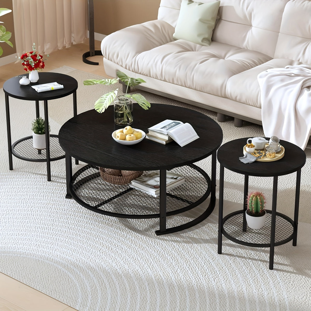 Coffee Table Set for Flexible Living Room and Bedroom Use in Compact Homes, Three-Piece Rustic Industrial Design