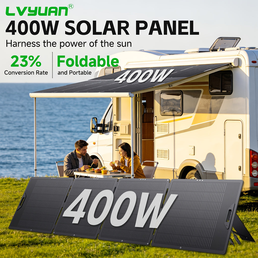 LVYUAN New Portable Solar Panel 200W/400W for Power Station, 23% Efficiency Mono Foldable Solar Charger with 4 Kickstands And 3M Cable (MC4 to DC5521/DC5525/DC7909/XT60 Connectors) for Camping RV Home Backup, Without Battery