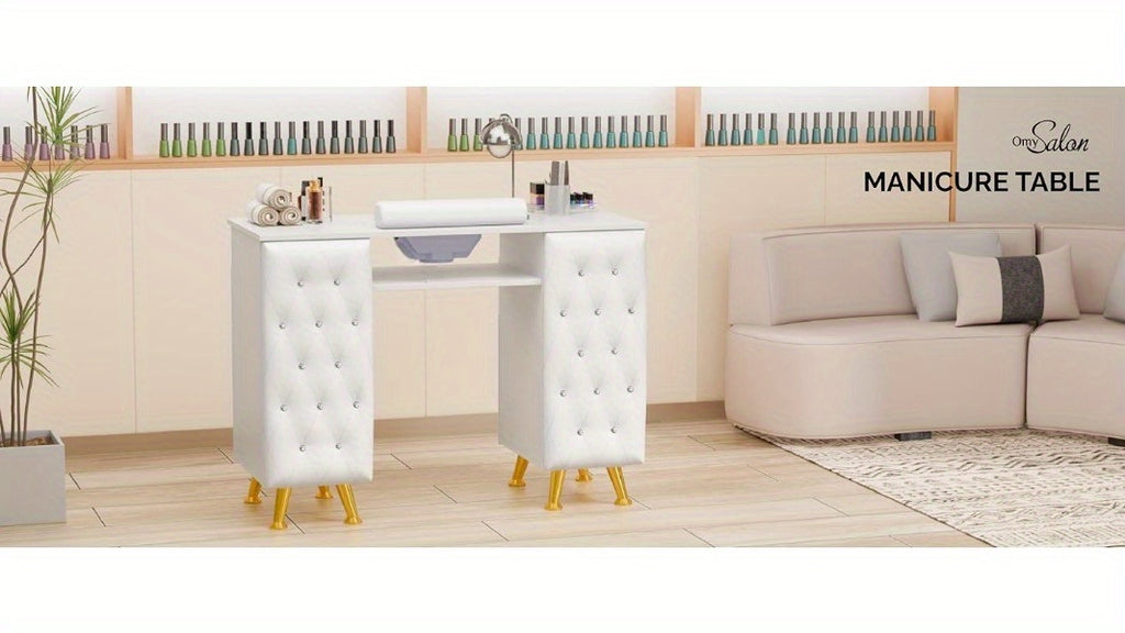 Manicure Table, for nail Desk for Nail Tech | OMYSALON Wood for nail Station with Storage, Hand Rest, Upholstered Panel in Diamond White/Black/Purple/Pink for Makeup Beauty Spa Salon
