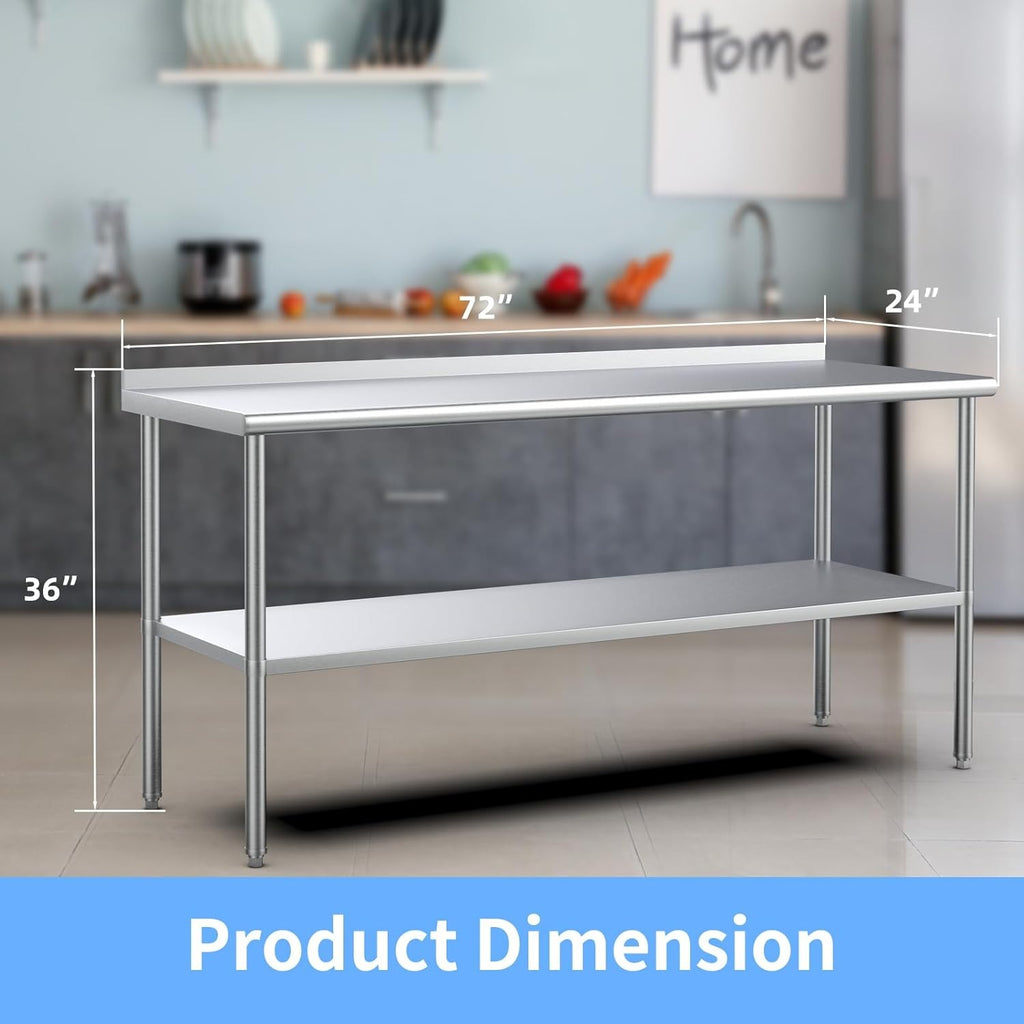 Stainless steel ready-made workbench, commercial heavy-duty workbench and workstation, suitable for metal dining tables in kitchens, restaurants, homes and hotels, with adjustable base frame and waterproof board