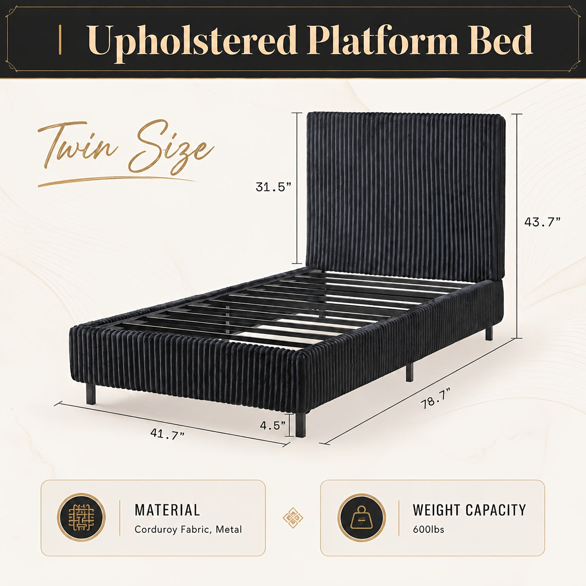 Platform Bed Frame with Upholstered Corduroy Headboard, Fully Padded 3.5" Thick Gap-Free Design, Heavy Duty Metal Slats, No Box Spring Required