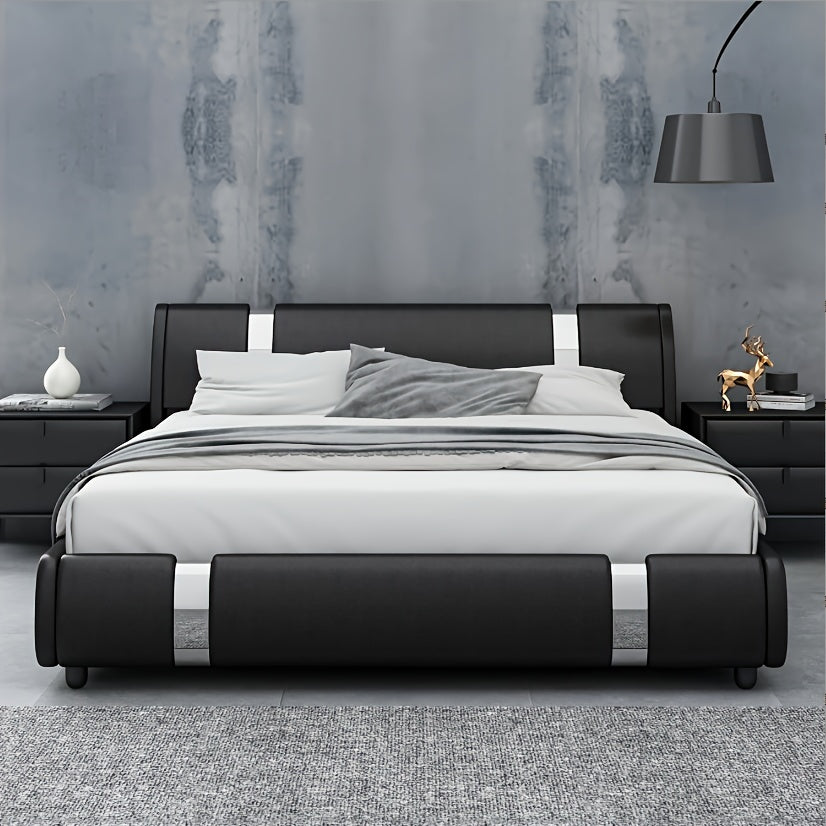 Contemporary Platform Bed Frame Made of Faux Leather, Featuring Iron Metal Accents, an Adjustable Headboard, And Wooden Slats for Support, Eliminating The Need for a Box Spring
