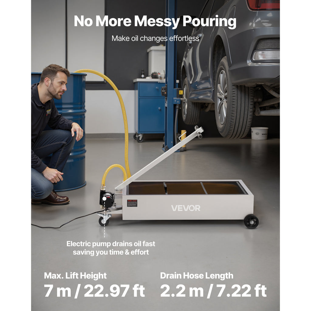 VEVOR Low Profile Oil Drain Pan, 17 Gallon / 20 Gallon Capacity, Rolling Oil Drain Pan with Electric Pump, 7.2 ft Hose & T Folding Handle, Leak-proof & Corrosion-resistant, Fit for Cars, SUVs, Trucks, ATVs, White