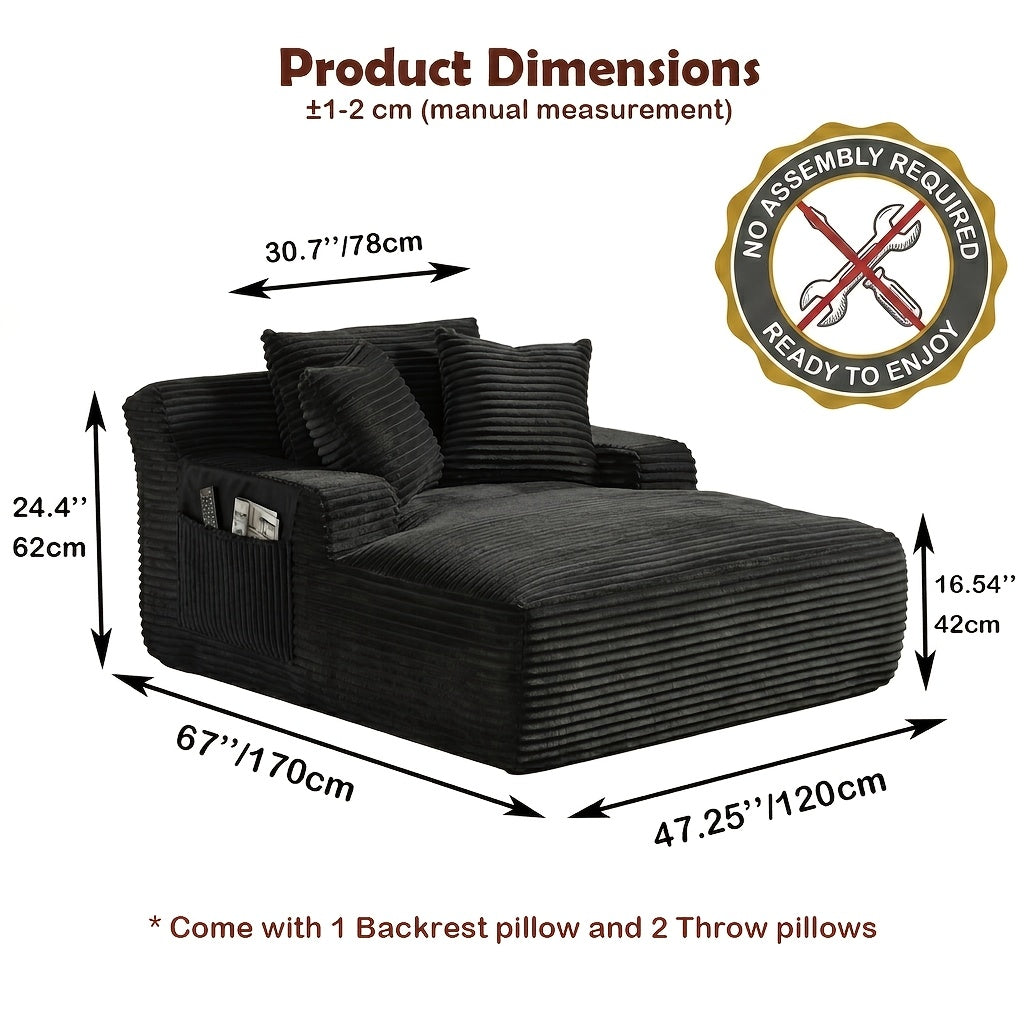 47.25 Inch Wide Chaise Lounge Chair Indoor, Oversized Upholstered Flannel Boneless Sofa Bed With 3 Pillows And Side Pockets, Deep Seat Sleeper Couch Reading Chairs, Cloud Sofas Couches For Living Room, No Assembly Required