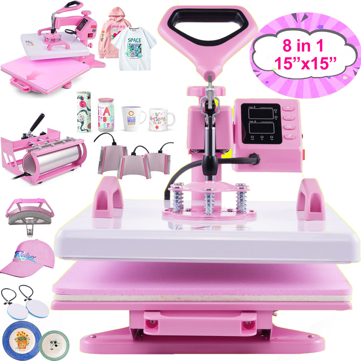 HOMDOX 15"x15" 8-in-1/5-in-1 Heat Press with 30OZ Tumbler Press for T-Shirt/Tumbler/Mug/Hat/Cap/Plate - Slide Out 360° Swing Away Digital Shirt Press Machine, Industrial-Quality Heat Transfer Sublimation