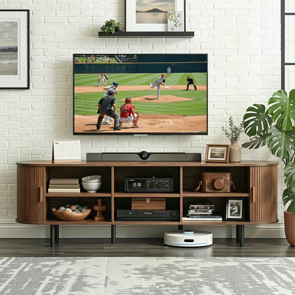 PAZCASA 70.8 Inch/55 Inch TV Stand with Power Outlet for Tvs Up to 75 Inches, Entertainment Center with Storage And Adjustable Shelves, Modern Media Console with Sliding Doors for Living Room, Walnut/Black/Oak