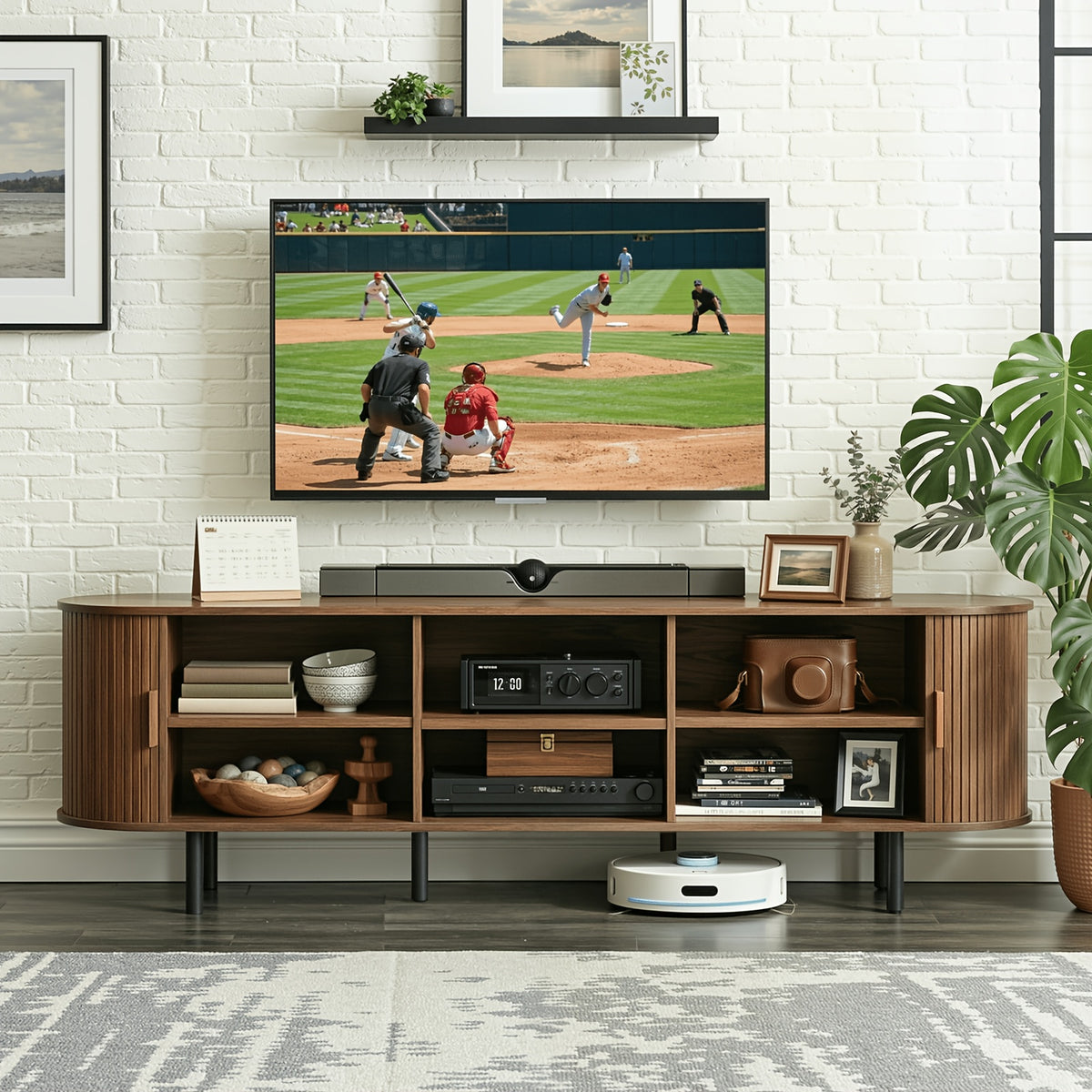 PAZCASA 70.8 Inch/55 Inch TV Stand with Power Outlet for Tvs Up to 75 Inches, Entertainment Center with Storage And Adjustable Shelves, Modern Media Console with Sliding Doors for Living Room, Walnut/Black/Oak