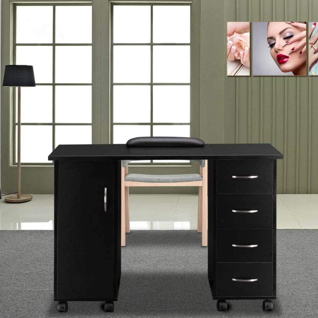 White/Black Melamine Laminate Textured Particle Board Nail Table, 47.2" X 21.3" X 31.9" 1-Door 4-Drawer Design, Ventilation-Free Manicure Station