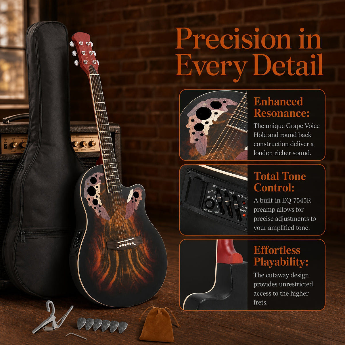 [Ideal Gift] 41-Inch Full-Size Guitar With Grape-Shaped Soundhole, Spruce Top, And Mahogany Fingerboard - Sunset Red Finish, Enhanced Tone And Playability, Suitable For All Music Styles, Ideal For Beginners And Guitarists. The Perfect Gift