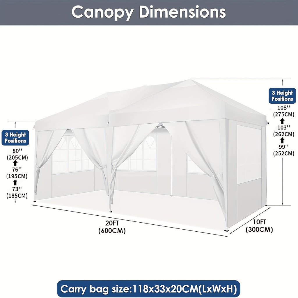 10X20Ft Heavy Duty Canopy, Pop-Up Design with 6 Side Walls, Suitable for Party Events Weddings, Roller Pack, Upgraded Thickened Hexagonal Legs
