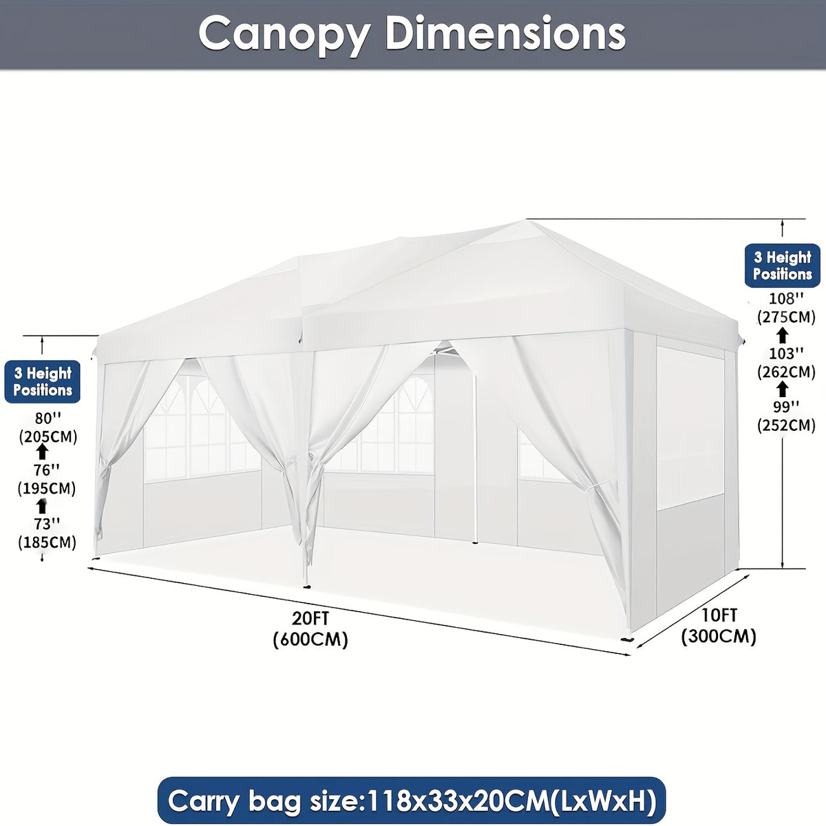 10X20Ft Heavy Duty Canopy, Pop-Up Design with 6 Side Walls, Suitable for Party Events Weddings, Roller Pack, Upgraded Thickened Hexagonal Legs