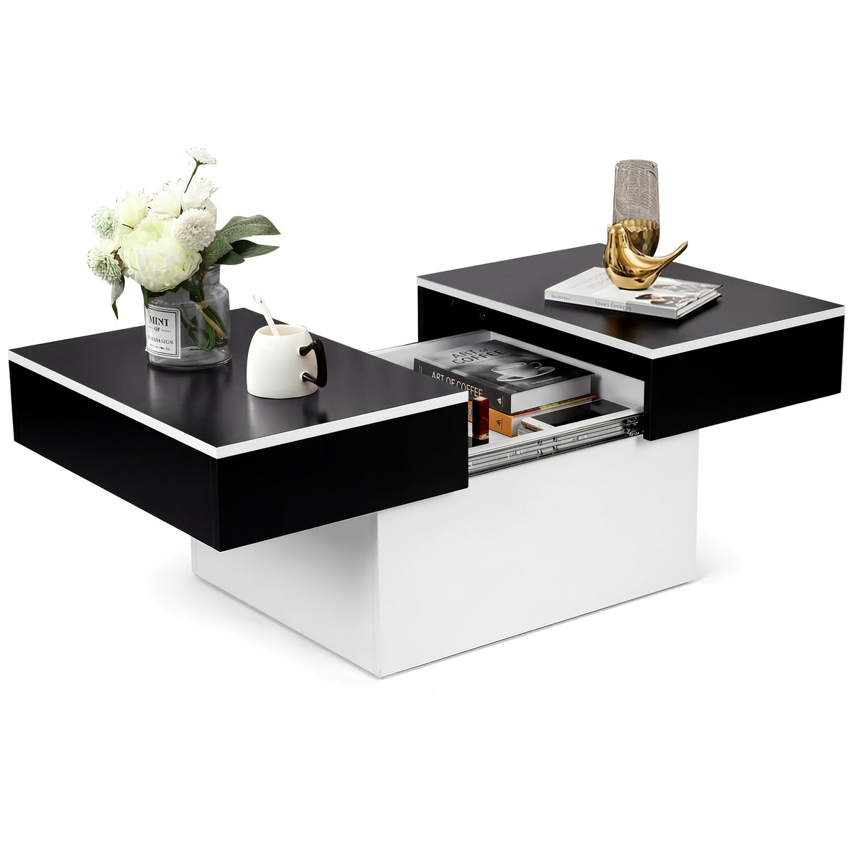 Modern Coffee Table with Sliding Marble Top and Hidden Storage