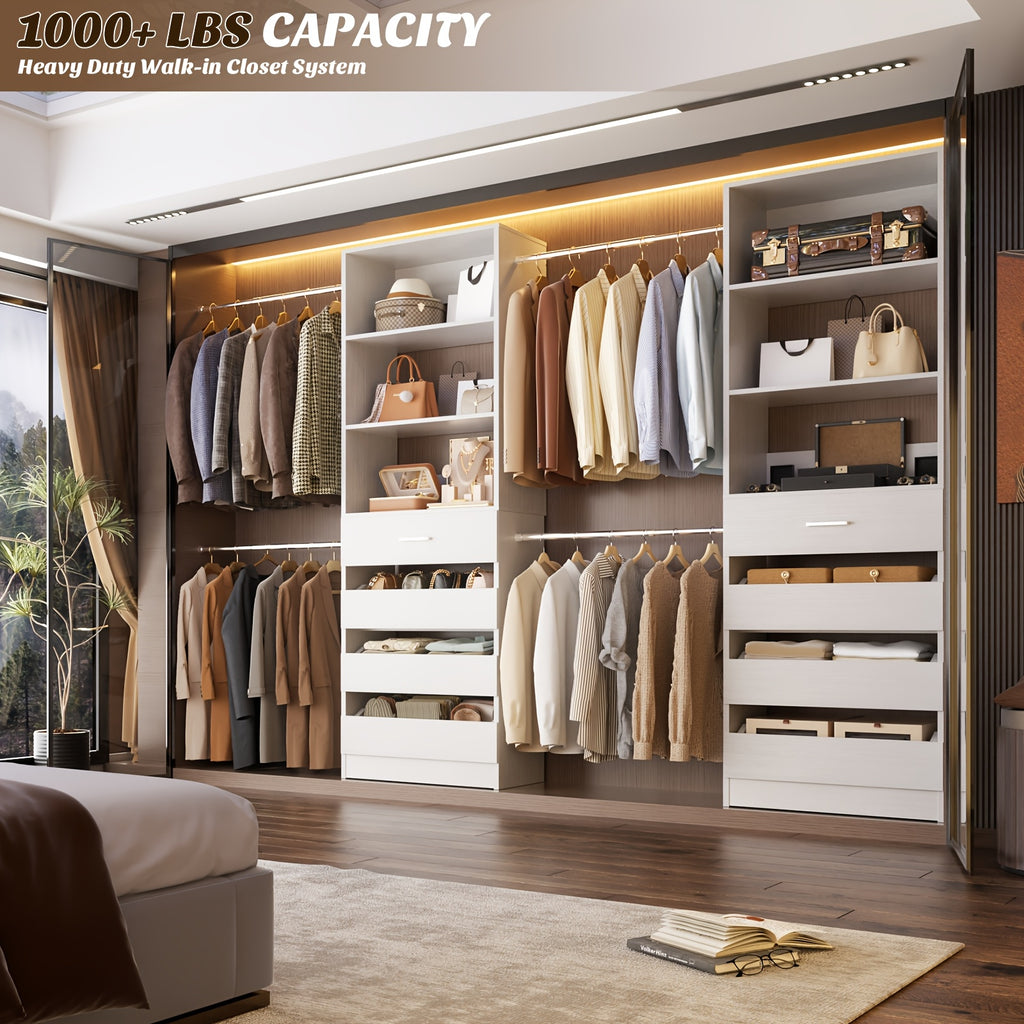 Closet System, Closet Organizer System with 4 Wooden Drawers, Walk-in Closet Wardrobe Clothes Rack with 4 Hanging Rods, Fit for 4-9ft Space, Garment Rack, White, Mounted Closet Systems
