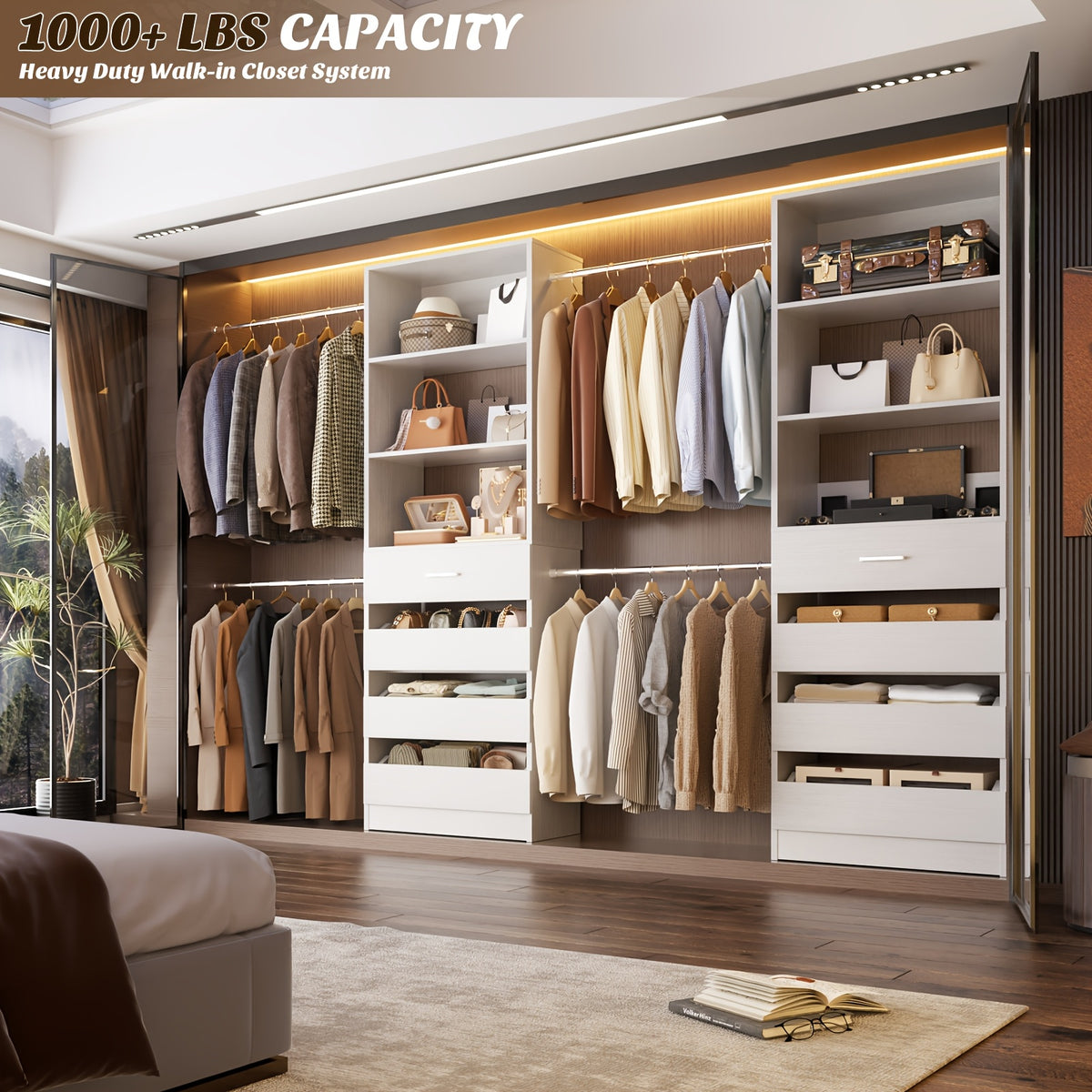 Closet System, Closet Organizer System with 4 Wooden Drawers, Walk-in Closet Wardrobe Clothes Rack with 4 Hanging Rods, Fit for 4-9ft Space, Garment Rack, White, Mounted Closet Systems