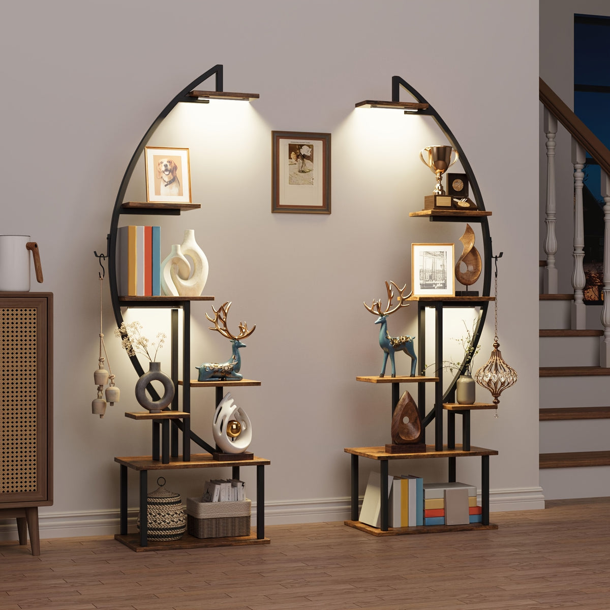 2pcs Bookshelf with Lights, 7 Tiered 65' Multi-Functional Metal Black And Brown Shelving Unit Wooden Bookcase for Books Handicraft Decorations Frames Multiple