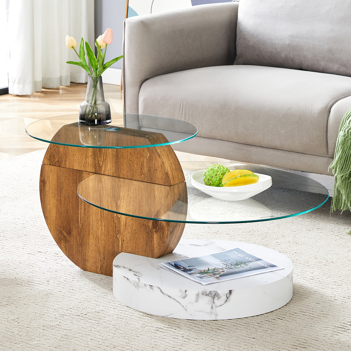 Glass Coffee Table for Small Spaces with Three-Tier Storage and a Clear Tempered Glass Top