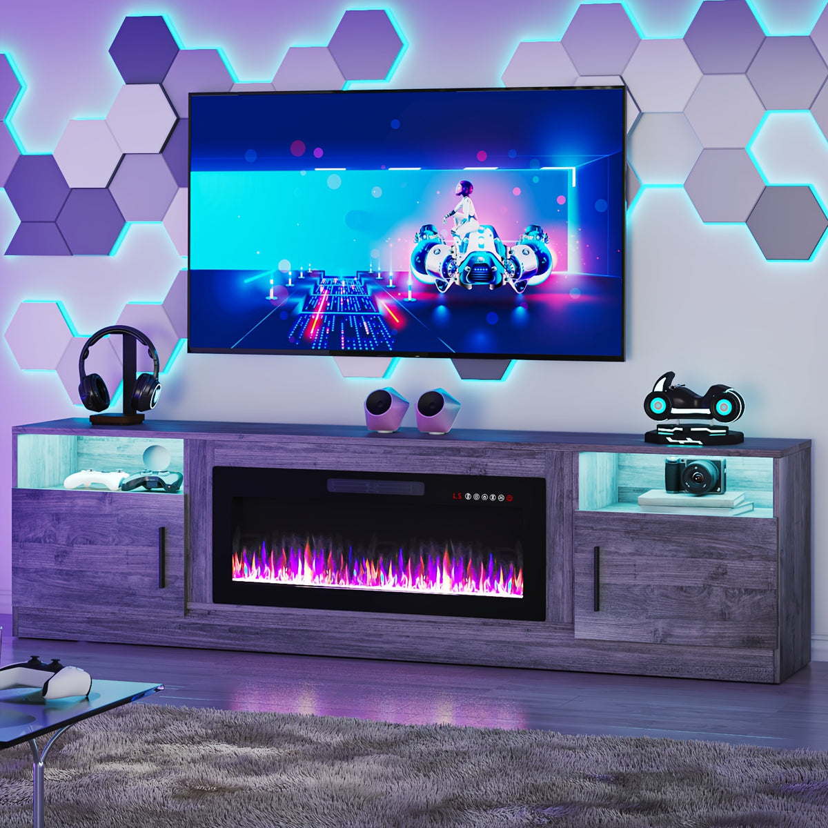 Fireplace TV Stand with 36" Fireplace, 80" TV Stand with LED Light for TVs Up to 85", Entertainment Center Console Table with Highlight Storage Cabinets