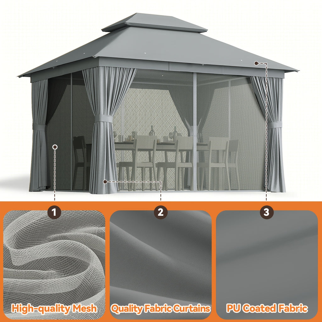 10'X12' Outdoor Double Ventilated Gazebo & Pergola On, Heavy Metal Frame Double Roof, Party Tent with Mosquito Net And Privacy Screen, Suitable for Backyard, Lawn, Garden, Deck (Grey/Beige/Blue 10'X12'/10'X10/8'X8')