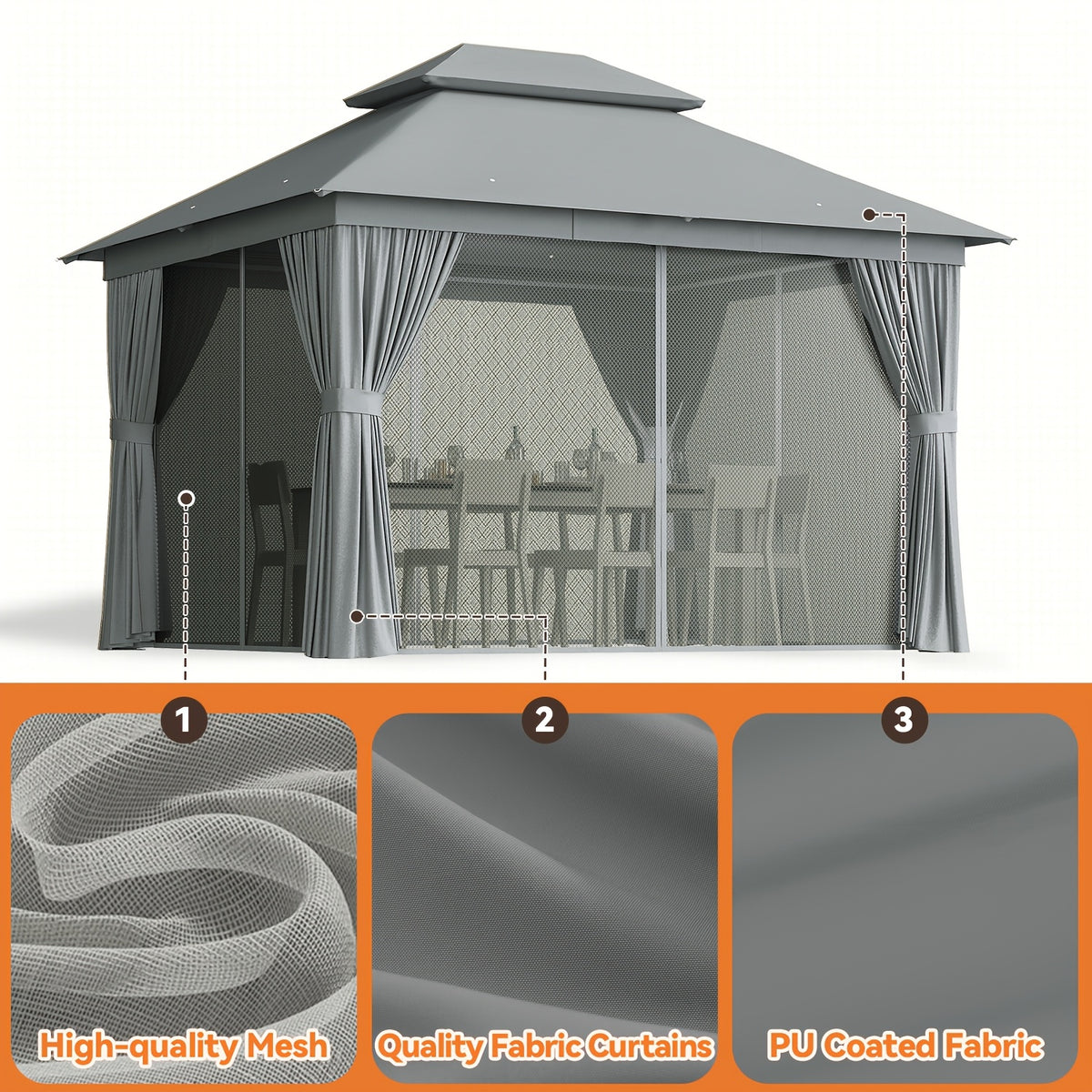 10'X12' Outdoor Double Ventilated Gazebo & Pergola On, Heavy Metal Frame Double Roof, Party Tent with Mosquito Net And Privacy Screen, Suitable for Backyard, Lawn, Garden, Deck (Grey/Beige/Blue 10'X12'/10'X10/8'X8')