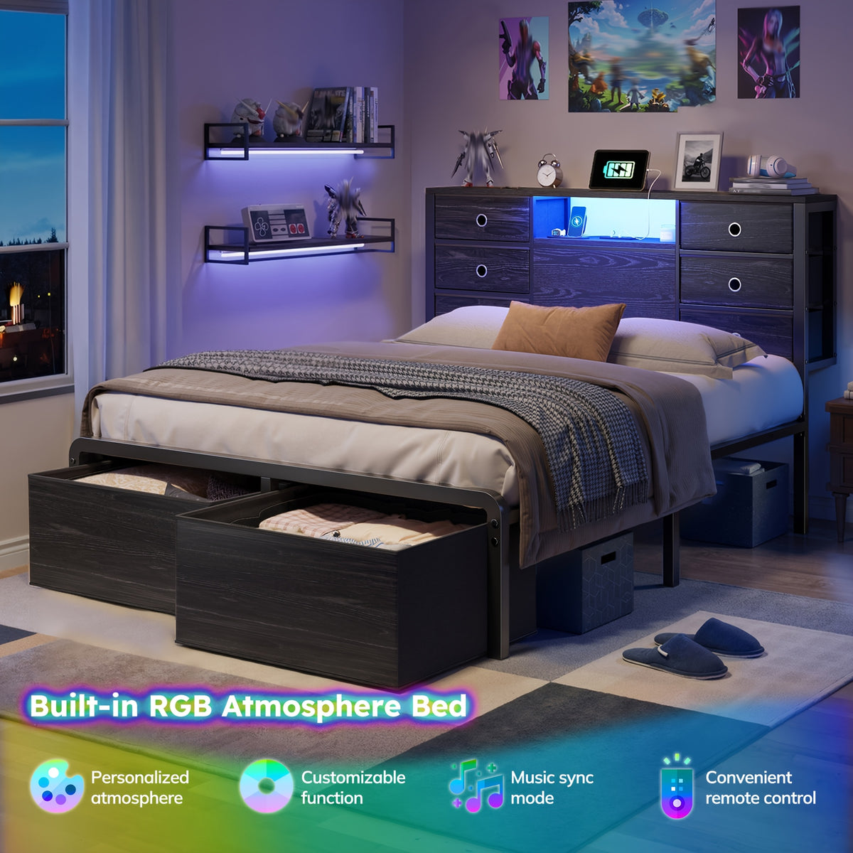 Reinforced Storage Bed Frame, King/Queen/Full with 8/9 Drawers, Headboard Storage, Multi-Color LED Lights & Charging Station, Noiseless & Easy Assembly, Black/Tiger Brown