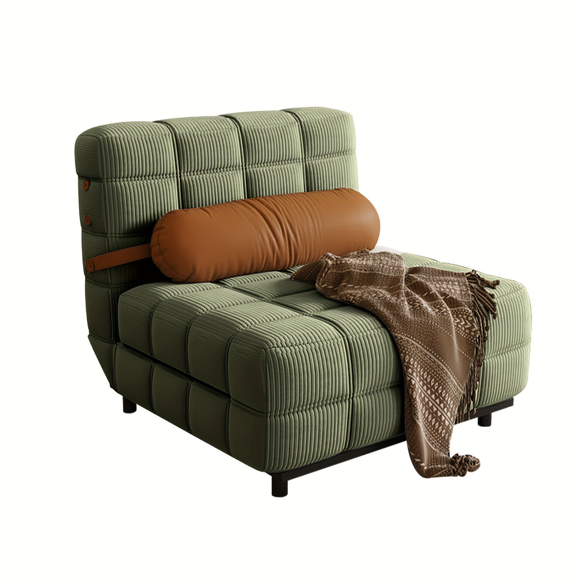 Convertible Single Sofa Bed | Foldable Chair Bed Sleeper with Adjustable Backrest & Pillow - Plush Corduroy Upholstery, Durable Metal Frame, Tufted Design for Living Room (Cream Beige/Brown)