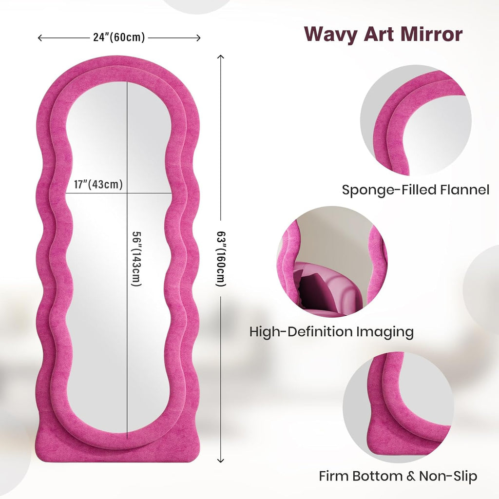 63"x24" Large Arched Full Body Mirror with Hot Pink Flannel Wrapped Frame & Stable Stand - Contemporary Floor Standing or Wall-Mounted/Leaning Mirror for Bedroom, Dressing Room, Entryway - No Electrical Required, Durable Construction