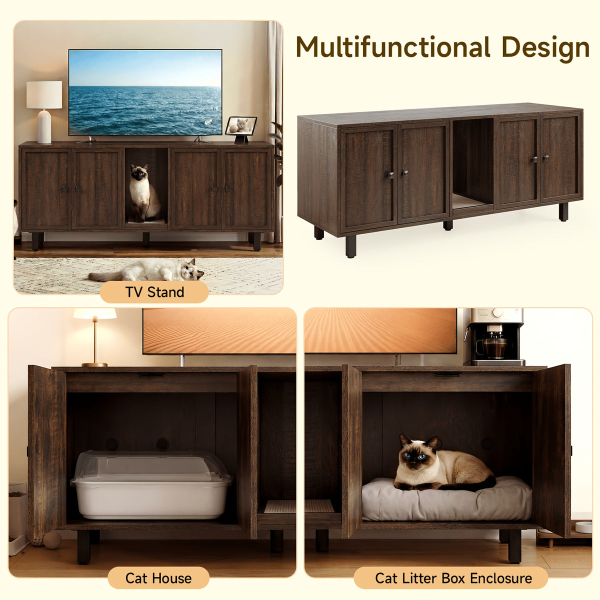[Cat Litter Box Enclosure] 59 Inches Cat Litter Box Enclosure for 2 Cats, Hidden Litter Boxes Furniture with Cat Scratch Pad, Large Indoor Cat House with Double Room, Wooden TV Stand Side Table, Black