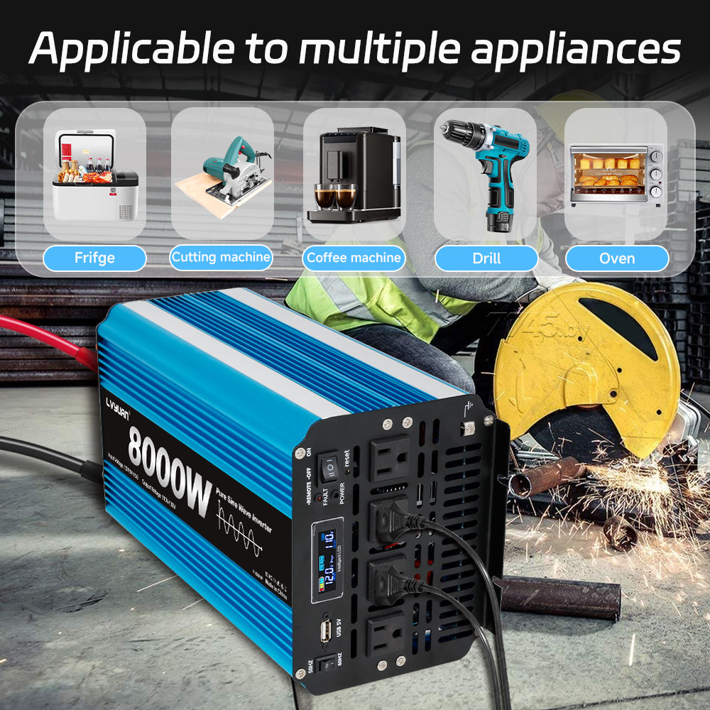Pure Sine Wave Inverter 8000W (Peak)Car Power Inverter Efficient 12V/24V DC To 110V 120V AC With LCD Display And Remote & Troubleshooting, 4 US Sockets For Vehicles Car Chargers For Home Solar System RV Vans, Without Battery