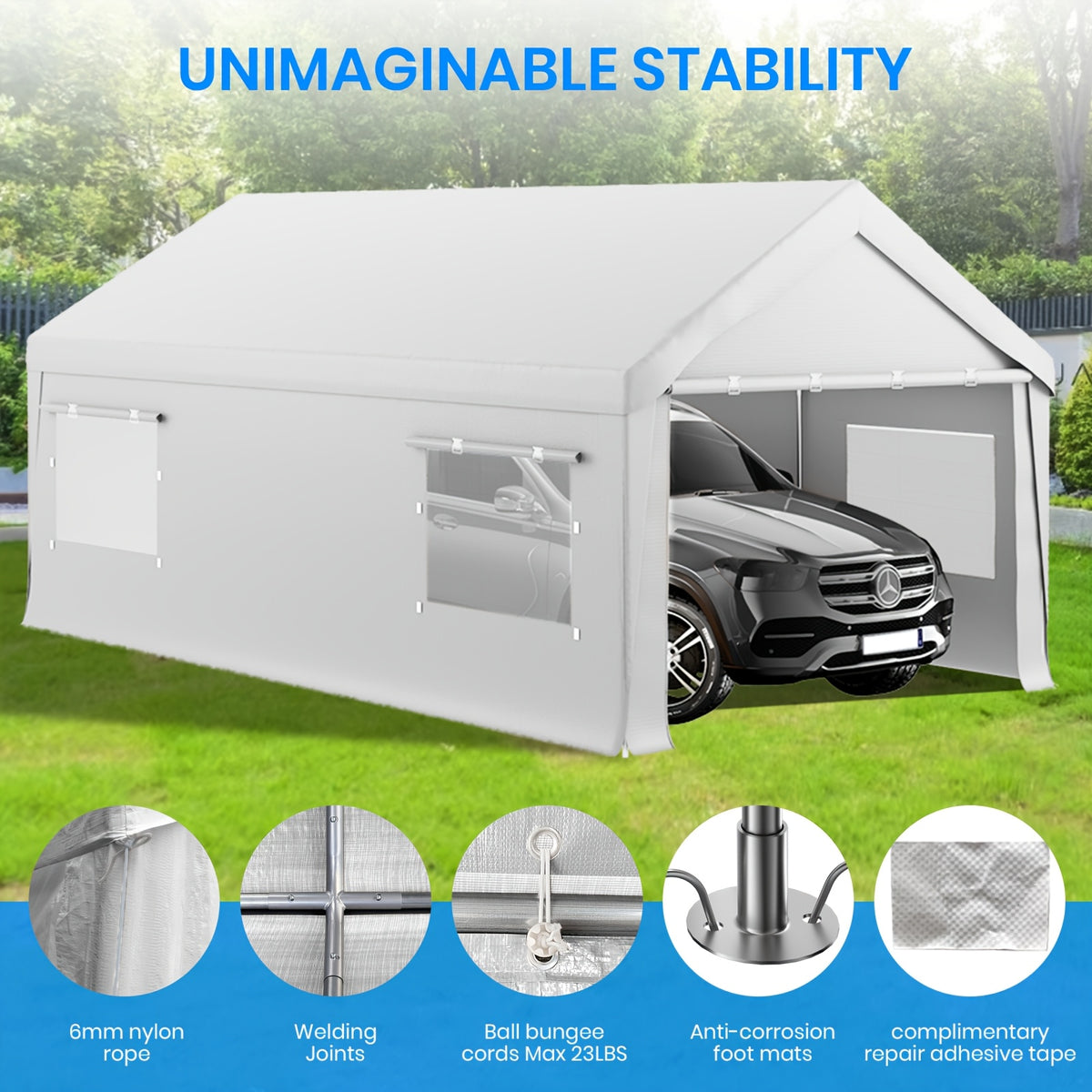10x20ft Heavy Duty Carport Canopy with Removable Sidewalls, Portable Garage Tent with Roll-Up Windows & Doors, Car Port with All-Season Tarp for Cars, Boats, Trucks