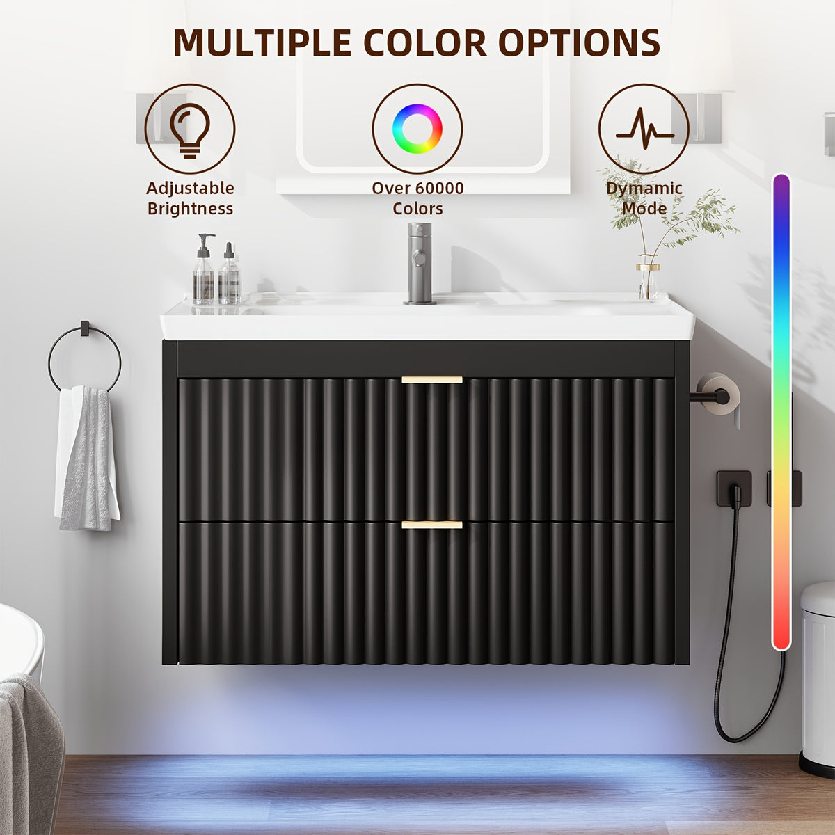 24" Wall Mount Floating Bathroom Vanity with LED Lighting, 3-Hole Ceramic Sink Included, Wave Fluted Textured Cabinet Door, 2 Soft Close Drawers, Modern Suspended Bathroom Vanity Cabinet for Small Bathrooms, Black & White Optional