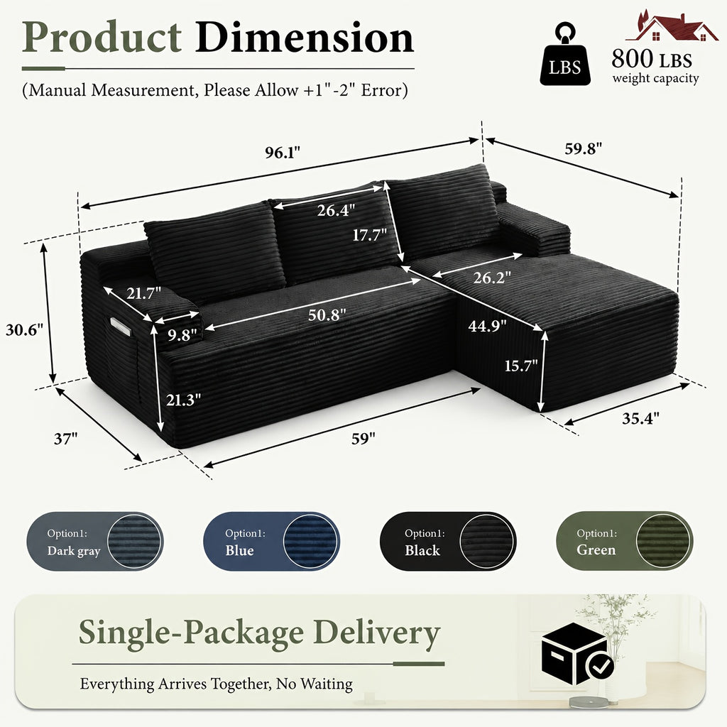 KOPSEE 96" Sectional Sofas for Living Room Cloud Couch Sofa with L-Shape Upholstered Boneless Couches Modern Modular Sectional Sofa with Chaise