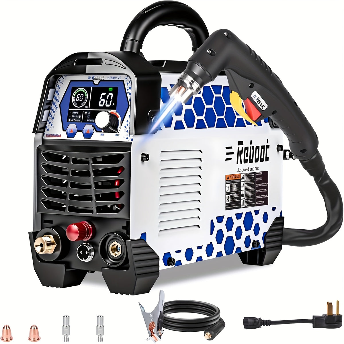 Reboot Plasma Cutter Non-High Frequency Non-Touch Pilot Arc, 120V/240V Dual Voltage, 1 Inch Max Cut 5/8 Inch Clean Cut, Mesh Cutting, 2T/4T, Large LED Display for Beginners