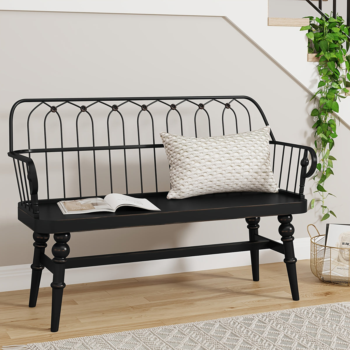 Entryway Bench, Spindle Back Wooden Dinning Bench, Farmhouse Foyer Bench for Entryway, Living Room, Dinning Room, Mudroom, HLR