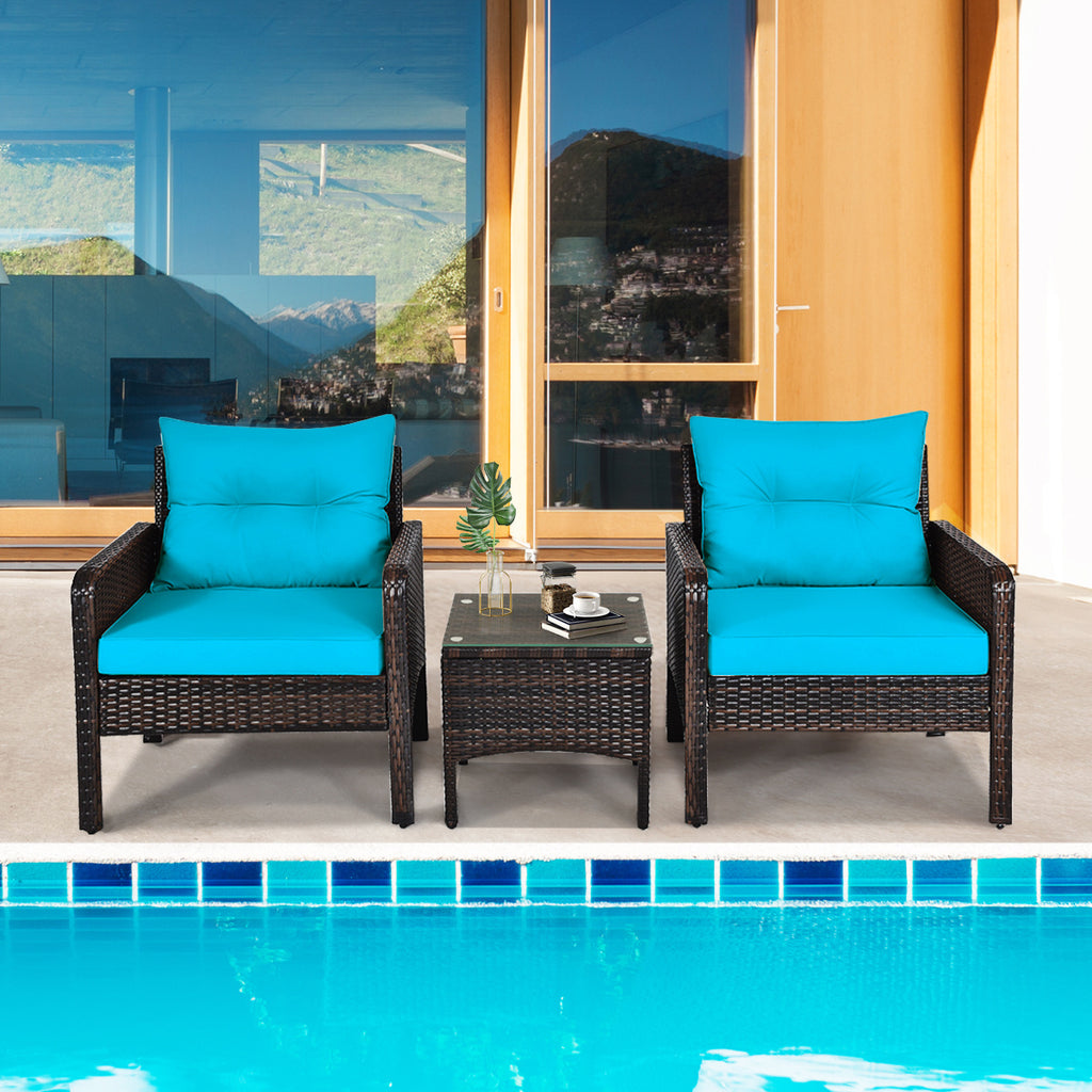 Patio Conversation Set by COSTWAY with Two Cushioned PE Rattan Chairs and Tempered Glass Side Table